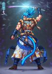  1boy adapted_costume aqua_eyes arm_up armor back_tattoo blue_fur blue_hair blue_sash character_tattoo clenched_hand commentary dragon_ball english_commentary from_behind full_body glowing gogeta guillem_dauden high_ponytail holding holding_sword holding_weapon japanese_clothes katana knot looking_back male_focus monkey_tail muscular muscular_male pants ponytail rope sandals sash sheath shiny signature solo son_goku spiked_hair standing super_saiyan super_saiyan_blue sword tail tattoo topless_male vambraces vegeta weapon 