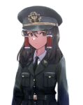  1girl bangs brown_eyes brown_hair closed_mouth frilled_hair_tubes frills frown hair_between_eyes hair_tubes hakurei_reimu hearts_of_iron highres looking_to_the_side medium_hair military military_uniform sidelocks simple_background solo touhou uniform upper_body user_yumx3575 white_background 