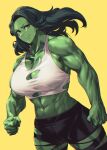  1girl abs breasts cleavage_cutout clothing_cutout colored_skin green_hair green_skin highres large_breasts long_hair looking_at_viewer marvel mikel_(4hands) muscular muscular_female she-hulk smile solo tank_top thick_thighs thighs torn_clothes torn_legwear veins veiny_arms yellow_background yellow_eyes 