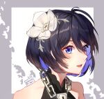  1girl ahoge artist_name bangs bare_shoulders black_hair black_shirt blue_eyes blue_hair chain commentary dated eyes_visible_through_hair flower grey_background hair_between_eyes hair_flower hair_ornament honkai_(series) honkai_impact_3rd keyhole kobutanori looking_away multicolored_hair parted_lips seele_vollerei seele_vollerei_(stygian_nymph) shirt sleeveless sleeveless_shirt solo two-tone_background two-tone_hair white_background white_flower 