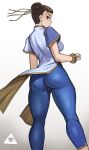  1girl artist_logo ass china_dress chinese_clothes chun-li donburi_(donburikazoku) dress earrings feet_out_of_frame from_behind gradient gradient_background grey_background highres jewelry short_hair skin_tight solo street_fighter street_fighter_6 white_background 