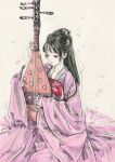  1girl absurdres black_hair chichi_chichi closed_mouth dress falling_petals hair_ornament hair_strand highres instrument long_hair looking_to_the_side music original painting_(medium) petals pink_dress pipa_(instrument) playing_instrument sitting solo traditional_media 