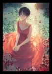  1girl bangs black_border black_hair border breasts brown_eyes character_request cleavage collarbone copyright_request dress flower flower_tattoo hair_between_eyes highres imoni_(gggzooo) looking_at_viewer official_art own_hands_together petals red_dress red_lips rose short_hair solo tattoo water 