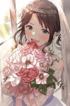  1girl alternate_hairstyle bare_shoulders black_hair blue_eyes blue_ribbon blush bouquet bridal_gauntlets bridal_veil curly_hair dress ear_piercing flower hanetsuka happy holding holding_bouquet idolmaster idolmaster_shiny_colors leaf mitsumine_yuika open_mouth piercing ribbon rose smile solo tiara veil wedding_dress window 