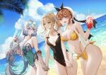  3girls :d absurdres atelier_(series) atelier_ryza atelier_ryza_2 bangs basu_(zhusanan) beach bikini black_swimsuit blonde_hair breasts brown_eyes brown_hair claws cleavage collarbone covered_navel crossed_bangs cup disposable_cup eye_contact eyebrows_visible_through_hair eyewear_on_head food green_eyes green_swimsuit grey_hair hair_between_eyes hair_ornament hair_ribbon hairclip heterochromia highleg highleg_swimsuit highres holding holding_cup holding_hands huge_breasts jewelry klaudia_valentz large_breasts lila_decyrus long_hair looking_at_another looking_at_viewer low_twintails medium_breasts multi-strapped_bikini multiple_girls navel necklace ocean one-piece_swimsuit open_mouth palm_leaf parted_lips ponytail popsicle purple_eyes red_eyes reisalin_stout ribbon see-through see-through_vest short_hair sky smile star_(symbol) star_necklace sunglasses swimsuit twintails very_long_hair vest white_headwear white_ribbon white_vest yellow_bikini 