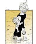  2boys bare_shoulders black_border blood blood_on_arm bodysuit boots border child commentary_request dougi dragon_ball dragon_ball_z father_and_son from_behind gloves hand_on_another&#039;s_head hug majin_vegeta male_child male_focus multiple_boys muscular muscular_male outside_border scuffed senka-san spiked_hair spot_color standing super_saiyan super_saiyan_1 super_saiyan_2 torn_clothes trunks_(dragon_ball) twitter_username vegeta veins wristband 