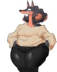  anthro bottomwear canid canine canis clothing denim denim_clothing dobermann domestic_dog female hand_on_hip jeans jermgoated mammal mature_female pants pinkovine pinscher sharp_teeth simple_background smile solo sweater teeth thick_thighs topwear wide_hips 