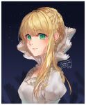  1girl aldnoah.zero artist_name asseylum_vers_allusia bangs blonde_hair braid breasts closed_mouth commentary dated dress english_commentary eyebrows_visible_through_hair frilled_dress frills green_eyes hair_between_eyes juliet_sleeves kobutanori long_hair long_sleeves looking_at_viewer puffy_sleeves small_breasts solo upper_body white_dress 