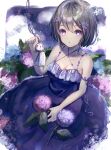  1girl absurdres arm_ribbon bangs bare_arms blush breasts brown_hair cago032 cleavage criss-cross_halter dress flower hair_flower hair_ornament halterneck hand_on_lap highres holding holding_flower hydrangea looking_at_viewer nail_polish original parted_lips purple_eyes ribbon short_hair sleeveless sleeveless_dress solo teruterubouzu thick_eyebrows water_drop 