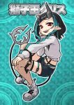  1girl bangs black_hair black_shorts blue_background blue_hair broken_horn commentary_request demon_girl demon_horns demon_tail fang flat_chest full_body grey_choker grey_horns hand_on_own_cheek hand_on_own_face heebee highres horns long_sleeves looking_at_viewer medium_hair midriff multicolored_hair navel official_alternate_costume open_mouth outline pointy_ears red_eyes shishio_chris shoes shorts smile sneakers solo sugar_lyric sweater tail two-tone_hair virtual_youtuber white_footwear white_outline white_sweater 