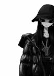  1girl bangs blunt_bangs closed_mouth down_jacket earrings greyscale hat highres jacket jewelry long_hair looking_at_viewer mole mole_under_eye monochrome narue necklace negative_space original print_shirt shirt simple_background solo white_background 