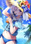  1girl absurdres amane_kanata angel_wings asymmetrical_bangs asymmetrical_hair bangs bikini bikini_bottom_only blue_bikini blue_shirt bob_cut cowboy_shot cup disposable_cup drinking drinking_straw dutch_angle feathered_wings flower grey_hair groin hair_over_one_eye hand_on_headwear hand_up hat hat_flower highres holding holding_cup hololive hototogisu_(hot_to_gis) lens_flare light_rays midriff mini_wings navel no_pants ocean pp_tenshi_t-shirt purple_eyes shade shirt short_hair short_hair_with_long_locks short_sleeves side-tie_bikini solo straw_hat summer sun_hat sunbeam sunflower sunlight swimsuit t-shirt tied_shirt tropical virtual_youtuber white_wings wings 