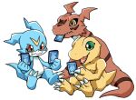  agumon anthro bandai_namco blue_body card card_game claws digimon digimon_(species) gaming green_eyes group guilmon male playing playing_card red_body red_eyes scalie shiki_digi trio veemon yellow_eyes 