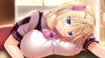  1girl arms_on_table bangs blonde_hair blue_eyes blush bow bowtie breast_rest breasts breasts_on_table button_gap eyebrows_visible_through_hair game_cg hair_bow hair_ornament hairclip huge_breasts indoors long_hair namaiki_jk_library official_art on_chair open_mouth pink_bow pink_bowtie puffy_short_sleeves puffy_sleeves short_sleeves sitting solo table twintails watagashi_yui 