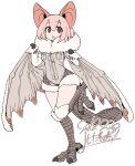  1girl 2018 animal_ears animal_feet bat_ears bat_wings black_eyes breast_pocket claws dragon_girl dragon_tail dragon_wings full_body fur_collar fur_trim hair_between_eyes looking_at_viewer monster_girl monster_hunter_(series) no_pupils open_mouth paolumu personification pink_hair pocket scales short_hair sleeveless solo tail white_background winged_arms wings yoshida_hideyuki zipper 