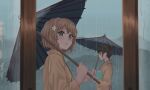  2girls black_hair green_eyes hair_bun hair_ornament hanasaku_iroha highres holding holding_umbrella japanese_clothes kimono light_brown_hair looking_at_viewer matsumae_ohana multiple_girls oil-paper_umbrella oshimizu_nako parted_lips rain raku_rakugaki umbrella yellow_kimono 