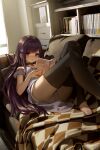  1girl absurdres bangs book couch flower full_body genshin_impact hair_flower hair_ornament highres holding holding_book indoors long_hair looking_at_viewer no_shoes on_couch purple_eyes purple_hair raiden_shogun shirt short_sleeves shorts solo starsd stirrup_legwear thighhighs toeless_legwear very_long_hair white_shorts yae_miko 