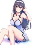  1girl absurdres bare_arms black_hair breasts cleavage collarbone dress feet_out_of_frame hairband hand_up highres kasumigaoka_utaha kikuwata knees_up large_breasts legs long_hair looking_at_viewer nightgown parted_lips purple_eyes saenai_heroine_no_sodatekata short_dress sidelocks sitting solo thighs wavy_hair white_hairband 