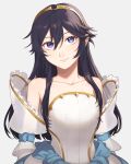  1girl absurdres alternate_costume bangs bare_shoulders blue_eyes blue_hair bride bride_(fire_emblem) closed_mouth collarbone commentary detached_sleeves dress eyebrows_visible_through_hair fire_emblem fire_emblem_awakening fire_emblem_warriors grey_background hair_between_eyes highres jewelry long_hair looking_at_viewer lucina_(fire_emblem) official_alternate_costume peach11_01 simple_background smile solo strapless strapless_dress symbol-shaped_pupils tiara wedding_dress white_dress 