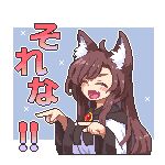  1girl :d ^_^ animal_ear_fluff animal_ears blue_background blush_stickers brooch brown_hair closed_eyes commentary_request fang imaizumi_kagerou jewelry kumamoto_(bbtonhk2) long_hair long_sleeves lowres open_mouth outline pixel_art pointing simple_background smile solo touhou translation_request upper_body white_outline wide_sleeves wolf_ears 