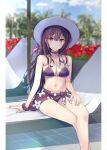 1girl absurdres bangs beach_chair beach_umbrella bikini black_hair blurry blurry_background blush breasts choker closed_mouth crossed_legs day feet_out_of_frame floral_print flower hat highres jewelry kasumigaoka_utaha kikuwata large_breasts legs long_hair navel necklace official_alternate_costume outdoors palm_tree pillarboxed red_eyes red_flower saenai_heroine_no_sodatekata sarong scrunchie shade sitting smile solo stomach sun_hat swimsuit thighs tree umbrella wavy_hair white_headwear wrist_scrunchie 