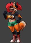  anthro bottomwear boxers_(clothing) breasts canid canine clothing digitigrade female footwear fox green_eyes hair hi_res high_top_sneakers mammal navel pepper_(sketchytoasty) red_hair shirt shoes shorts simple_background sketchytoasty slightly_chubby sneakers solo topwear underwear 