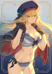  1girl artoria_caster_(fate) artoria_pendragon_(fate) beret black_gloves blonde_hair blue_bow blue_bra blue_cape blue_cloak blue_headwear blue_panties bow bra breasts cape cloak closed_mouth collarbone commentary cowboy_shot diamond_(shape) fate/grand_order fate_(series) floating_hair gloves green_eyes hands_up hat highres lingerie long_hair looking_at_viewer mashuu_(neko_no_oyashiro) navel panties side-tie_panties small_breasts solo stomach twintails two-sided_cape two-sided_fabric underwear white_bra white_panties 