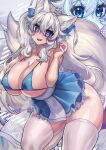  1girl absurdres animal_ear_fluff animal_ears blue_eyes blue_skirt breasts covered_nipples english_commentary heart heart-shaped_pupils highres huge_breasts indie_virtual_youtuber large_breasts licking_lips long_hair looking_at_viewer lumi_(merryweather) merryweather osiimi second-party_source skirt smile solo steam steaming_body symbol-shaped_pupils tail thick_thighs thighhighs thighs tongue tongue_out twintails virtual_youtuber white_hair wide_hips wolf_ears wolf_girl wolf_tail zoom_layer 