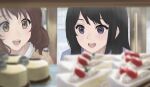  2girls black_hair brown_hair cake food hibike!_euphonium highres kousaka_reina light_blush long_hair multiple_girls open_mouth oumae_kumiko purple_eyes raku_rakugaki short_hair smile teeth upper_teeth yellow_eyes 