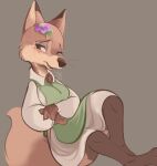  2022 anthro brown_body brown_fur canid canine clothed clothing digital_media_(artwork) dipstick_ears female flower fox fully_clothed fur hi_res kitsuki_(tohupo) leg_markings mammal markings multicolored_ears open_mouth open_smile plant simple_background smile socks_(marking) solo tohupo 