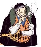  1boy ^_^ black_hair closed_eyes coat coat_on_shoulders crocodile_(one_piece) gimaug hair_slicked_back highres hook_hand male_focus one_piece scar scar_on_face smile smoking solo vest 