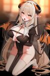  1girl bangs blonde_hair blurry blurry_background blush breasts cleavage covered_navel demon_girl demon_horns demon_tail demon_wings eyebrows_visible_through_hair full_body horns kneeling large_breasts long_hair long_sleeves looking_at_viewer marota nun open_mouth orange_eyes original own_hands_together pointy_ears solo symbol-shaped_pupils tail thighhighs thighs toes tongue tongue_out white_legwear wings 