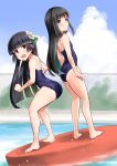  2girls absurdres asashio_(kancolle) back-to-back bangs black_hair blue_eyes blue_sky blue_swimsuit blunt_bangs chain-link_fence cloud commentary_request competition_school_swimsuit day female_admiral_(kancolle) fence flower full_body hair_flower hair_ornament highres kantai_collection little_girl_admiral_(kancolle) long_hair looking_at_viewer minase_(takaoka_nanase) multiple_girls outdoors pool school_swimsuit sky standing swimsuit water 