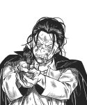  1boy aiming_at_viewer clenched_teeth coat coat_on_shoulders crocodile_(one_piece) dirty dirty_clothes dirty_face gimaug greyscale gun hair_slicked_back male_focus monochrome one_piece smoking solo teeth weapon younger 