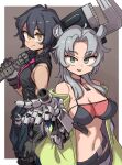  2girls animal_ear_fluff bangs bikini bikini_top_only black_hair black_shirt breasts chinchilla_ears chinchilla_girl choker cleavage commission eyebrows_visible_through_hair gloves green_eyes grey_gloves grey_hair hair_between_eyes highres holding holding_weapon jacket large_breasts looking_at_viewer medium_breasts mizuno_(okn66) multiple_girls necktie original over_shoulder parted_lips pink_necktie prosthesis prosthetic_arm shirt short_hair shorts simple_background skeb_commission sleeveless sleeveless_shirt smile swimsuit weapon weapon_over_shoulder yellow_eyes 