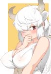  1girl bangs bare_arms bare_shoulders blush breasts brown_eyes commentary_request covered_nipples covering_mouth dress extra_ears eyebrows_visible_through_hair hair_over_one_eye hand_over_own_mouth highres horns kemono_friends large_breasts long_hair looking_at_viewer masuyama_ryou one_eye_covered ox_ears simple_background sleeveless sleeveless_dress solo upper_body white_dress white_hair yak_(kemono_friends) yellow_background 