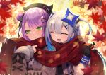  2girls :d absurdres amane_kanata asymmetrical_hair autumn_leaves bangs beret black_gloves black_headwear blue_hair blush cardigan closed_eyes colored_inner_hair eyebrows_visible_through_hair gloves green_eyes grey_cardigan grey_hair hair_bun hair_ornament hairclip halo hat highres hololive hototogisu_(hot_to_gis) jacket leaf long_sleeves looking_away maple_leaf multicolored_hair multiple_girls one_side_up open_mouth parted_lips partially_fingerless_gloves pink_hair purple_hair red_scarf scarf shared_clothes shared_scarf sideways_glance smile star_halo streaked_hair tokoyami_towa underwear virtual_youtuber white_jacket x_hair_ornament 