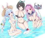  3girls absurdres ahoge animal_ears arm_support balloon bangs between_legs bikini bird black_hair blue_eyes blue_hair blunt_bangs blush bow braid breasts carrot_hair_ornament cleavage closed_mouth collarbone detached_collar duck eyebrows_visible_through_hair food-themed_hair_ornament frilled_bikini frills full_body grey_bikini hair_bow hair_ornament hairband hairclip hand_between_legs hat highres holding holding_balloon hololive kneeling kneeling_on_liquid large_breasts leaning_forward light_blue_hair long_hair looking_at_viewer minato_aqua multicolored_hair multiple_girls navel neko_(minato_aqua) nousagi_(usada_pekora) oozora_subaru open_mouth orange_eyes parted_lips partially_submerged pink_hair purple_eyes rabbit_ears rabbit_girl revision sailor_collar seiza sherryqq short_eyebrows short_hair side-tie_bikini sitting sitting_on_water skindentation small_breasts smile straw_hat striped striped_bikini subaru_duck swept_bangs swimsuit thick_eyebrows thigh_gap twin_braids two-tone_hair usada_pekora very_long_hair virtual_youtuber wariza water white_hair 