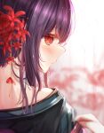  1girl absurdres bangs blush flower hair_between_eyes hair_flower hair_ornament highres idolmaster idolmaster_shiny_colors looking_away looking_to_the_side morino_rinze nape portrait profile purple_hair red_flower sky_cappuccino solo spider_lily 