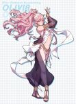  1girl arms_up bangs bare_shoulders blush braid breasts character_name closed_mouth commentary copyright_name dancer english_commentary faithom fire_emblem fire_emblem_awakening full_body hair_between_eyes hairband highres jewelry long_hair looking_at_viewer navel olivia_(fire_emblem) pink_eyes pink_hair ponytail sandals side_braid simple_background sleeveless smile solo standing stomach thighhighs twin_braids white_background white_hairband white_legwear 