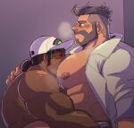  2boys anal bara baseball_cap beard between_pectorals blush closed_eyes closed_mouth dark-skinned_male dark_skin face_to_pecs facial_hair glasses hat head_between_pecs highres juggermelon kukui_(pokemon) labcoat large_pectorals looking_at_another male_focus multiple_boys muscular muscular_male naked_labcoat nipples nude open_clothes open_labcoat pectorals pokemon pokemon_(game) pokemon_sm pokemon_sv sex short_hair sideburns turo_(pokemon) undercut yaoi 