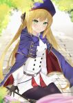  1girl arm_at_side artoria_caster_(fate) artoria_caster_(second_ascension)_(fate) artoria_pendragon_(fate) bangs beret black_gloves blush bow breasts closed_mouth eyebrows_visible_through_hair fate/grand_order fate_(series) full_body gloves green_eyes hair_between_eyes hair_ribbon hat highres holding legs legs_together long_hair looking_at_viewer parted_lips purple_bow ribbon shirt simple_background sitting small_breasts smile solo thighs tree twintails wanko_(yurika0320) white_shirt 