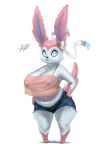  2022 3_toes 5_fingers absurd_res anthro belly big_breasts blue_sclera blulesnsfw bottomwear breasts claws clothing digital_media_(artwork) eeveelution feet female fingers fur hand_on_hip hi_res hotpants huge_breasts mammal midriff navel nintendo nipple_outline nipples pink_body pink_fur pok&eacute;mon pok&eacute;mon_(species) shirt shorts simple_background slightly_chubby solo standing sylveon tank_top thick_thighs toe_claws toes topwear video_games white_background white_body white_eyes 