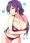 1girl arms_under_breasts bikini breasts clenched_teeth collarbone duke_(inu_daimyou) green_eyes grin hair_ornament hair_scrunchie large_breasts long_hair looking_at_viewer love_live! love_live!_school_idol_project low_twintails navel purple_bikini red_scrunchie scrunchie simple_background smile solo swimsuit teeth thigh_gap toujou_nozomi twintails white_background 