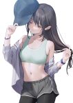  1girl bare_shoulders baseball_cap black_hair black_legwear breasts collarbone cowboy_shot crop_top dolphin_shorts green_sports_bra grey_jacket grey_shorts hat hat_removed headwear_removed holding holding_clothes holding_hat jacket long_hair looking_away medium_breasts midriff navel ne-on off_shoulder open_clothes open_jacket orange_eyes original pantyhose short_shorts shorts sidelocks simple_background sleeveless solo sports_bra stomach sweatdrop watch white_background wristwatch 