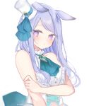  1girl :o absurdres animal_ears ascot bangs bare_arms bare_shoulders blush center_frills commentary_request ears_down frills green_ascot hat highres horse_ears long_hair looking_at_viewer mejiro_mcqueen_(umamusume) mini_hat mini_top_hat moko_(mokochisa) parted_lips purple_eyes purple_hair shirt simple_background sleeveless sleeveless_shirt solo sweat swept_bangs tilted_headwear top_hat umamusume white_background white_headwear white_shirt 