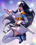  1girl absurdres ass bakuzan black_hair blue_eyes boots breasts high_collar high_heels highres junketsu katana kill_la_kill kiryuuin_satsuki long_hair looking_at_viewer pleated_skirt school_uniform skirt solo sword thick_eyebrows thigh_boots thighhighs valentina_tavolilla weapon white_legwear 