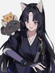  1girl :3 :d ^_^ animal_ears animal_on_shoulder animalization aogisa arknights black_bracelet black_hair blush closed_eyes commission dog_ears elbow_gloves facial_mark fingerless_gloves forehead_mark gloves highres infection_monitor_(arknights) jitome long_hair open_mouth purple_eyes purple_gloves purple_shirt red_eyes saga_(arknights) shirt simple_background skeb_commission smile solo stacking upper_body white_background 