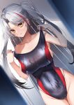  1girl absurdres azur_lane blush breasts cameltoe clothes_pull collarbone commission dutch_angle grey_hair highres inui_kentarou large_breasts long_hair looking_at_viewer multicolored_hair one-piece_swimsuit prinz_eugen_(azur_lane) skeb_commission solo streaked_hair swimsuit swimsuit_pull two-tone_swimsuit two_side_up very_long_hair wet yellow_eyes 
