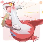  &lt;3 1:1 2016 ambiguous_gender big_butt blue_markings blush border butt claws compression_artifacts digital_media_(artwork) ecru_(artist) emanata feral food head_markings holding_food holding_object latias legendary_pok&eacute;mon looking_at_another markings multicolored_body nintendo open_mouth pink_background pink_heart pok&eacute;mon pok&eacute;mon_(species) red_body red_markings sandwich_(food) shadow simple_background solo tongue video_games white_body white_border yellow_eyes 